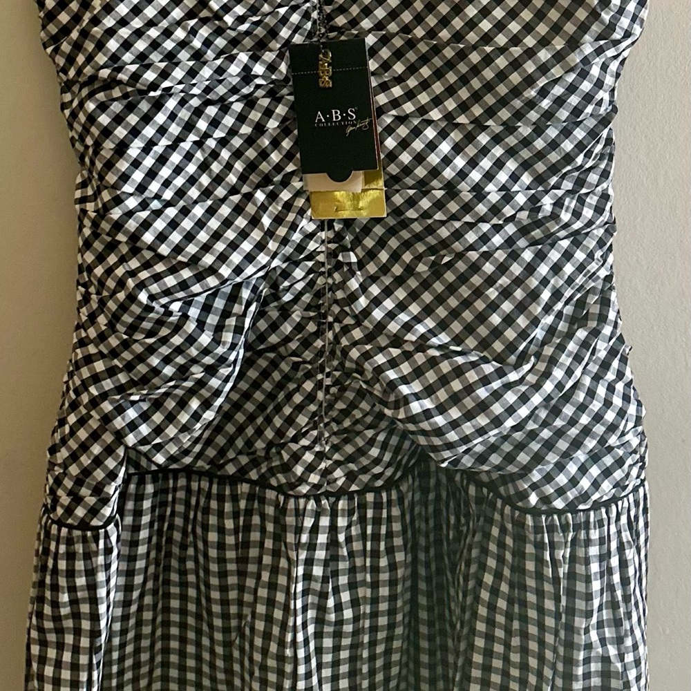ABS Allen Schwartz 100% cotton
gingham strapless midi dress